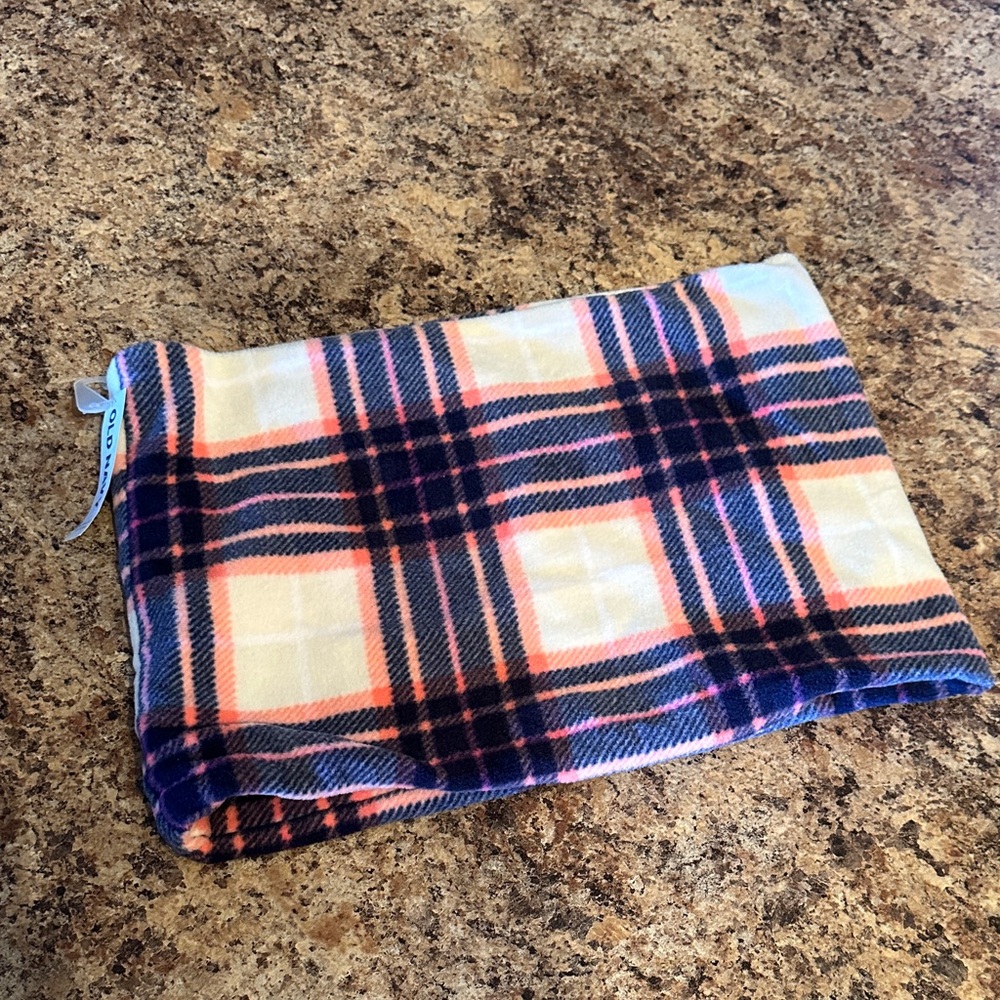 Plaid Fleece Blanket Short Infinity Scarf in Navy, Peach & Cream